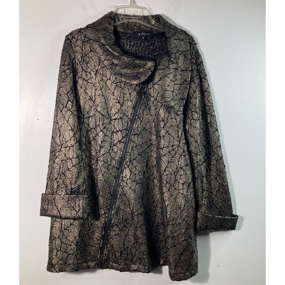 Womens Yushi Asymmetrical Zip Jacket Gold Black Pattern‎ L Artsy Witchy Goth